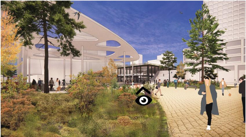 3D-impressie van het ondergronds busstation onder Fellenoord. Komend vanaf de kruising Fellenoord en Vestdijk kijk je vanaf het groene stationsplein naar de nieuwe stationshal.
