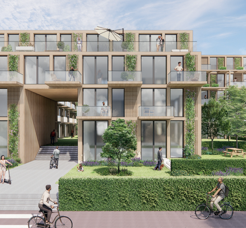 Deze afbeelding geeft een toekomstbeeld van een van de gebouwen op het VB-terrein weer, klik voor een vergroting