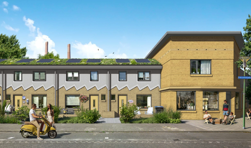 Deze afbeelding geeft een toekomstbeeld van de gerenoveerde huizen rondom de Edisonstraat weer, klik voor een vergroting