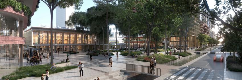 Artist impressie van nieuwe Stationsplein met bomen en water