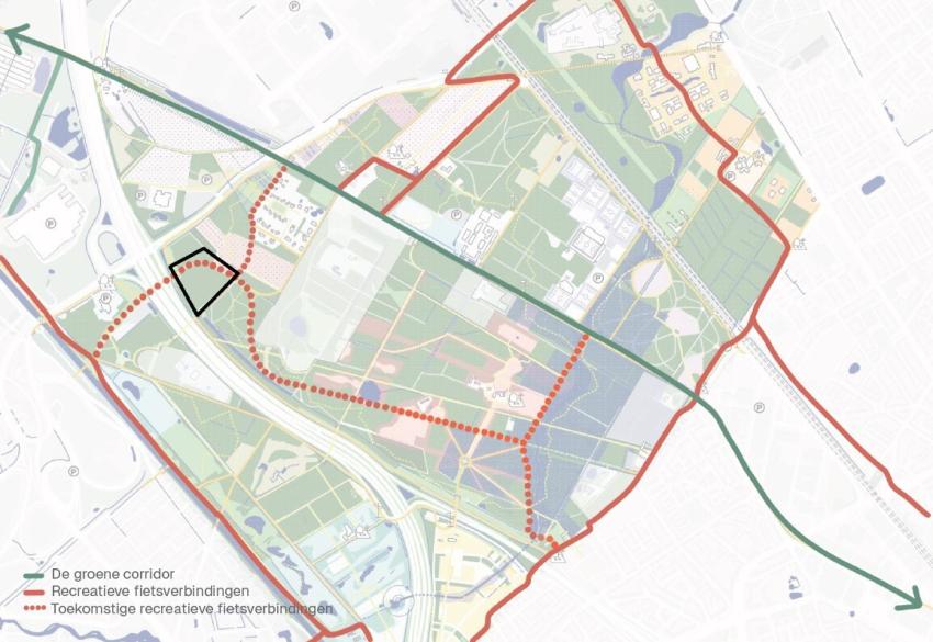 Kaart van de Wielewaal met daarop de huidige en toekomstige fietsverbindingen, klik voor een vergroting