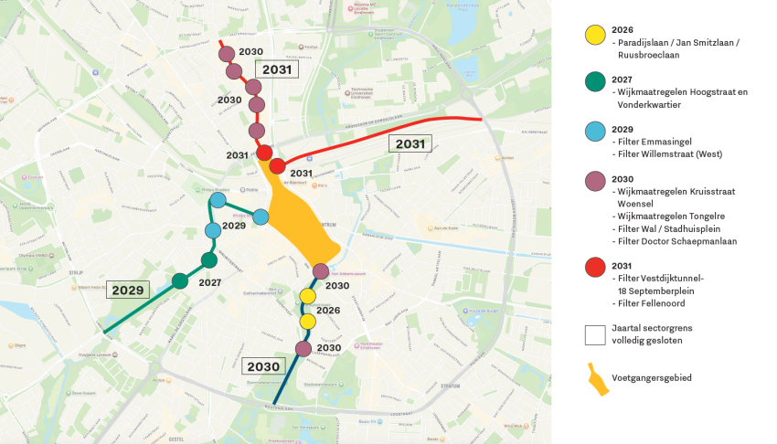 Deze afbeelding geeft de planning van de sectorgrenzen voor het verkeerscirculatieplan weer, klik voor een vergroting