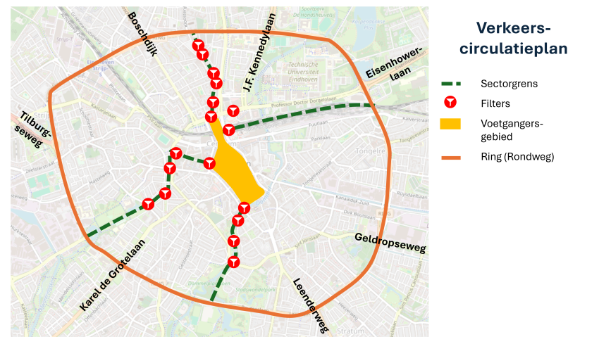 Deze afbeelding geeft het verkeerscirculatieplan met sectorgrenzen weer, klik voor een vergroting