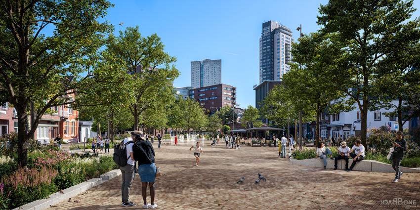 Op deze afbeelding zie je een toekomstbeeld van het Wilhelminaplein, klik voor een vergroting