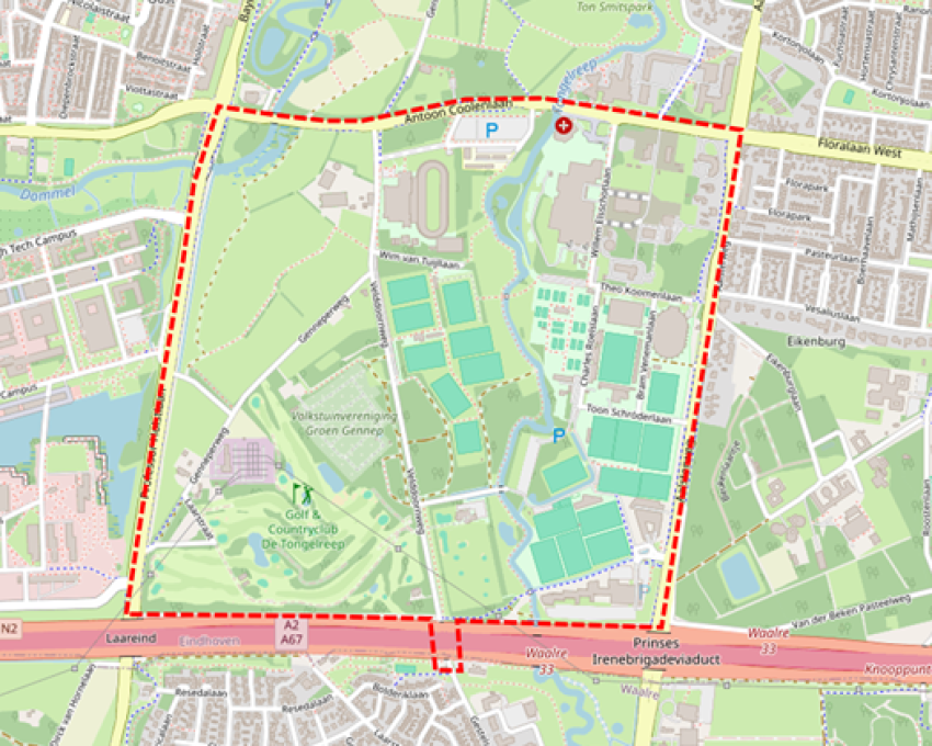 Op deze afbeelding staat het projectgebied van de Genneper Parken weergegeven. Het projectgebied bevindt zich tussen de Antoon Coolenlaan, Aalsterweg, Professor Holstlaan en de A2/A67.