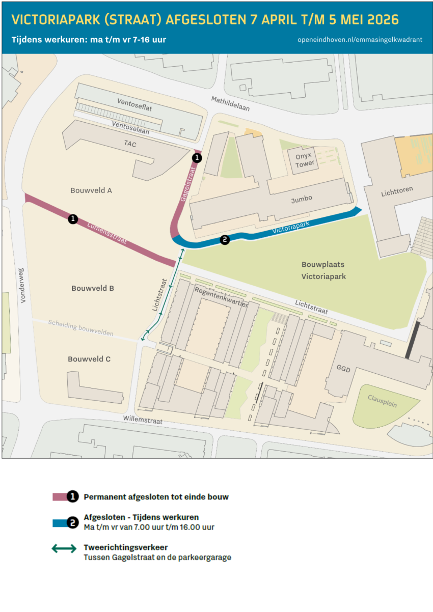 Een kaart waarop de bereikbaarheid van het Victoriapark zichtbaar wordt. In de tekst van de rest van de pagina vind je de volledige uitwerking.