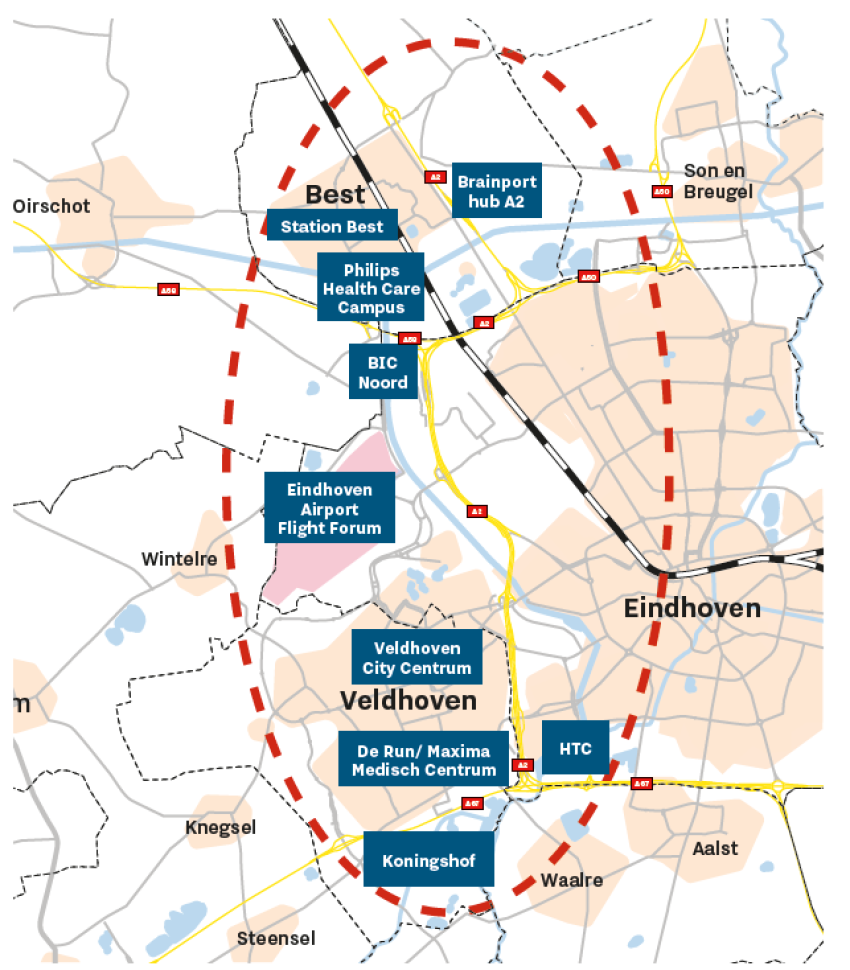 Op deze afbeelding staat het onderzoeksgebied van de Brainportlijn weergegeven, klik voor een vergroting