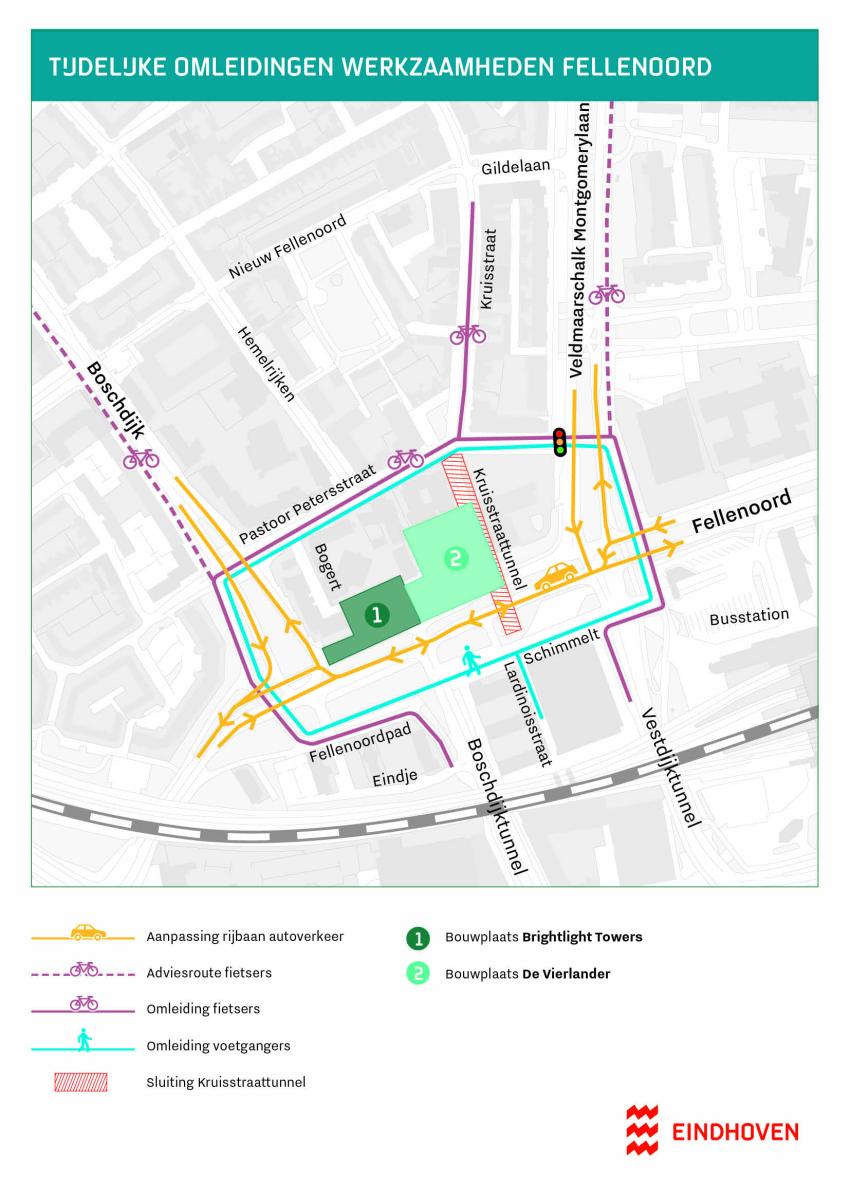 Op deze afbeelding is de bereikbaarheidskaart van de werkzaamheden in Fellenoord zichtbaar, klik voor een vergroting