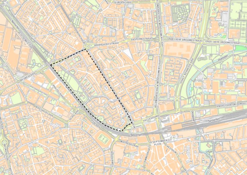 overzicht van Limbeek op plattegrond. Gebied tussen Boschdijk, Marconilaan en spoorlijn, klik voor een vergroting