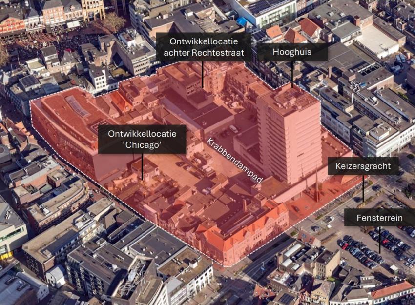 Luchtfoto van het plangebied Krabbendampad, met daaromheen ontwikkellocatie 'Chicago', de ontwikkellocatie achter Rechtestraat, Hooghuis, de Keizersgracht en het Fensterrein, klik voor een vergroting