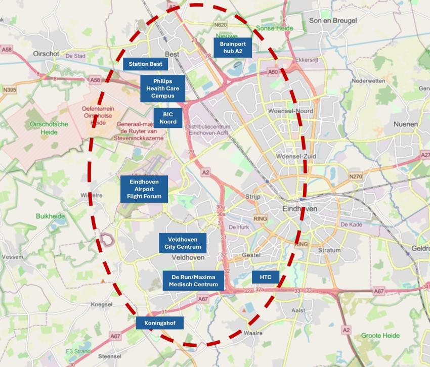 Op deze afbeelding staat het onderzoeksgebied van de Brainportlijn weergegeven, klik voor een vergroting