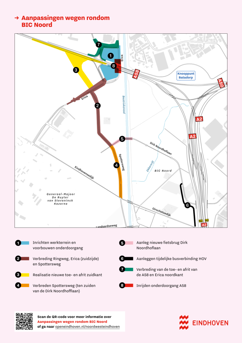 Kaart met daarop de aanpassingen van de wegen rondom BIC Noord, klik voor een vergroting