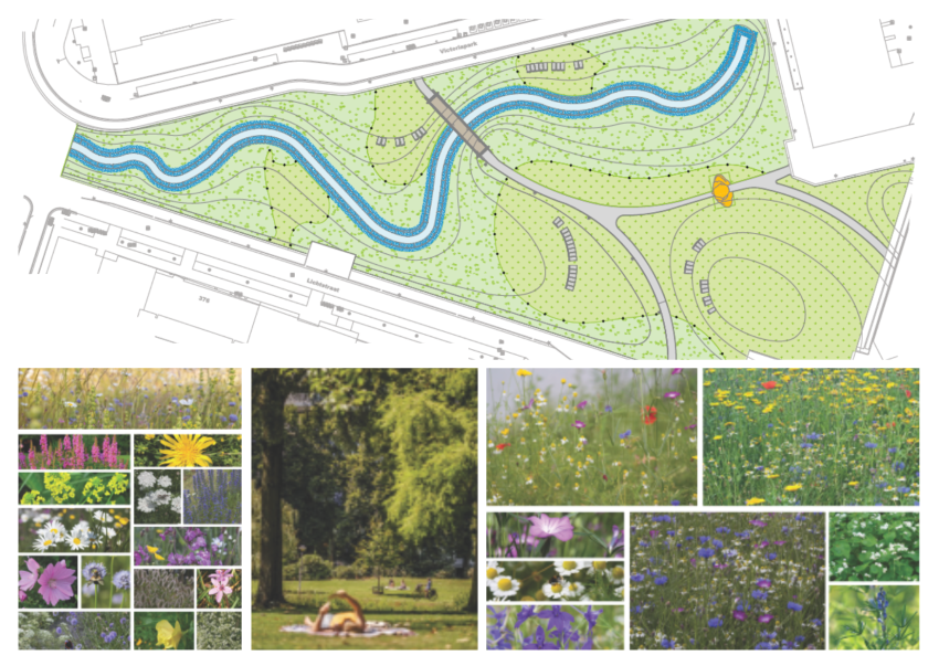 Op deze afbeelding staat een kaart van het Victoriapark weergegeven. In de afbeelding zie je ook een sfeerimpressie van het toekomstige park, klik voor een vergroting