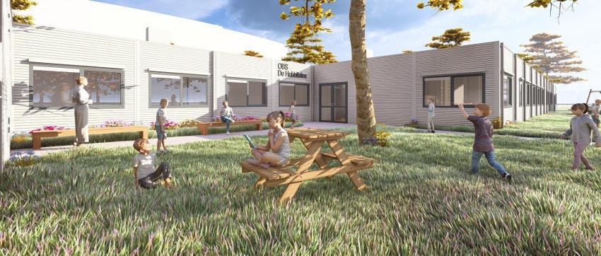 Deze impressie geeft een beeld weer van het tijdelijke schoolgebouw aan de Donizettilaan, klik voor een vergroting