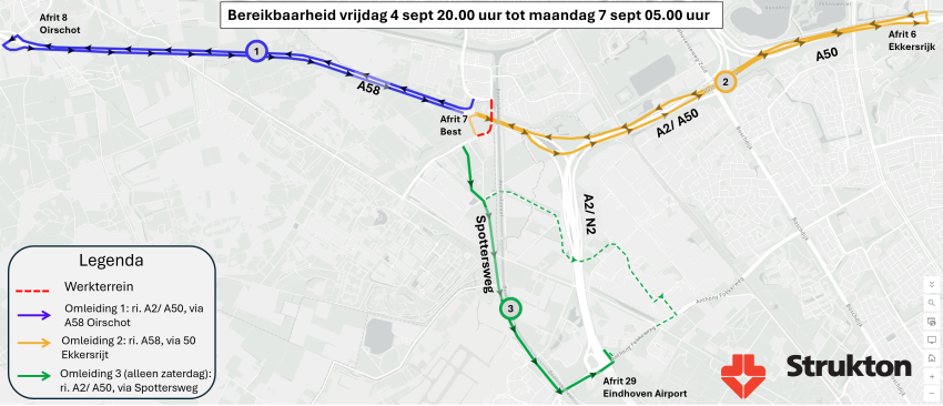 Kaartje met omleidingen werkzaamheden BIC Noord, klik voor een vergroting
