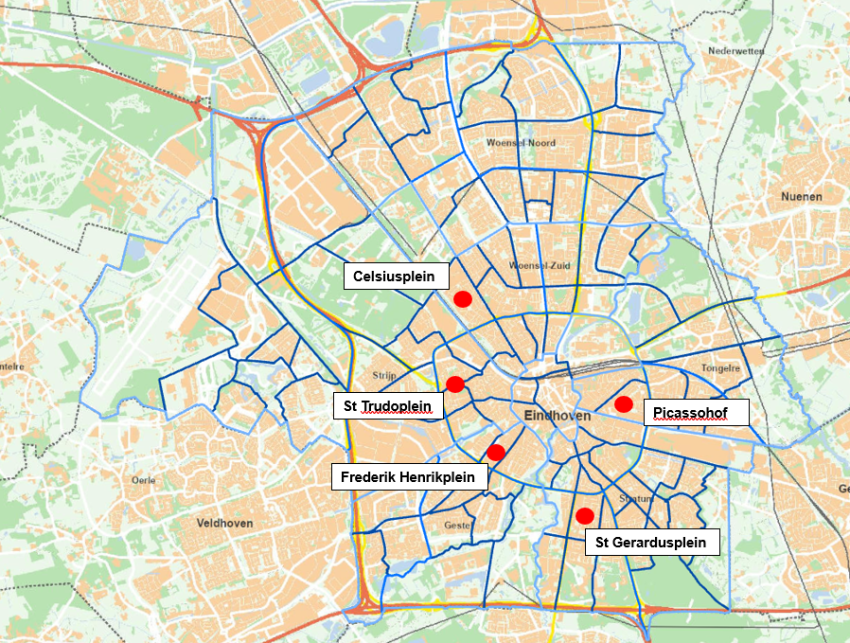 De locaties van de vijf uitgekozen pleinen: het Sint Trudoplein in Strijp, het Picassohof in Tongelre, het Celsiusplein in Woensel-Zuid, het Sint Gerardusplein in Stratum en het Frederik Hendrikplein in Gestel, klik voor een vergroting