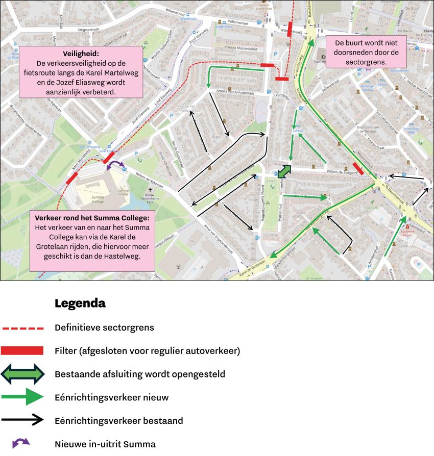 Kaart met de sectorgrens van het verkeerscirculatieplan in het Vonderkwartier, klik voor een vergroting