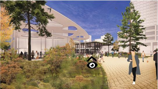 3D-impressie van het ondergronds busstation onder Fellenoord. Komend vanaf de kruising Fellenoord en Vestdijk kijk je vanaf het groene stationsplein naar de nieuwe stationshal. , klik voor een vergroting