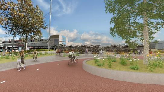 Deze afbeelding is een voorbeeld weergave van hoe de fietsenstalling en naastgelegen rotonde eruit komen te zien, klik voor een vergroting
