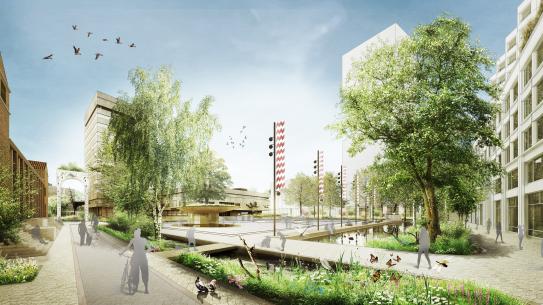 Deze afbeelding geeft een toekomstbeeld van het Stadhuisplein, klik voor een vergroting