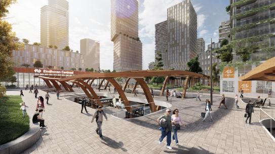 Een groot plein met groen voor voetgangers met het busstation ondergronds, klik voor een vergroting