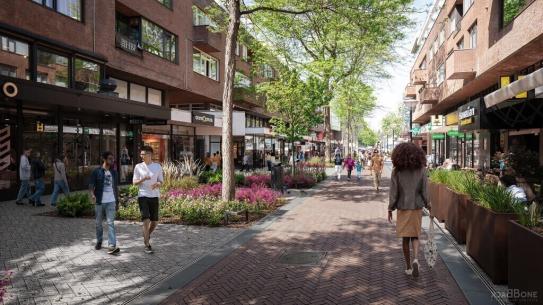 De Hermanus Boexstraat met bomen, perkjes en plantenbakken, die schaduw geven, klik voor een vergroting