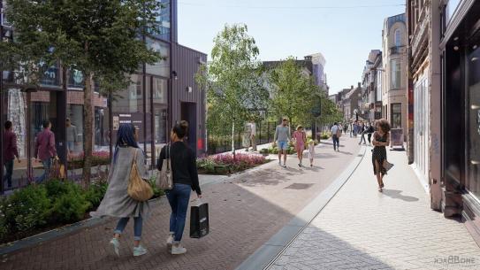 De Vrijstraat met een groenstrook in het midden van het voetgangersgebied, klik voor een vergroting