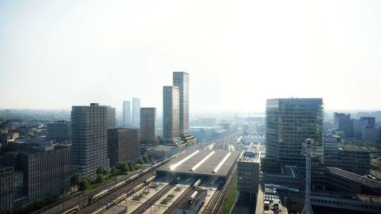 District E Skyline vanaf het spoor, klik voor een vergroting