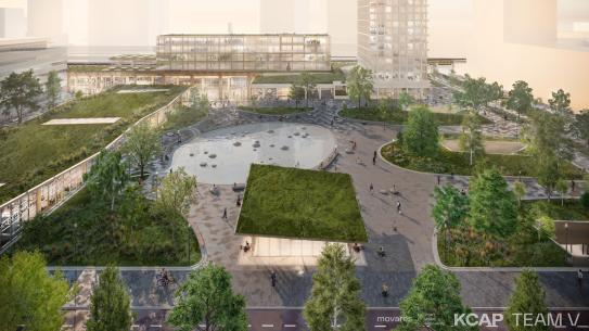 Visual impressie van het stationsplein Noordzijde vanaf de Fellenoord. Bron: Movares, KCAP, TEAM V, klik voor een vergroting