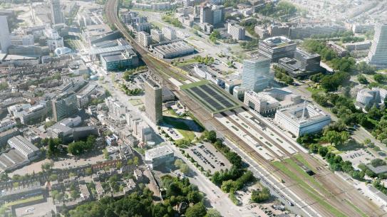 Visual van een overzicht van de nieuwe OV-knoop in Eindhoven. Bron: Movares/ProRail/Your Captain Luchtfotografie, klik voor een vergroting