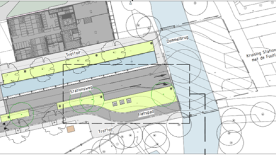 Plattegrond met daarop de definitieve locatie ondergrondse containers Stationsweg, klik voor een vergroting