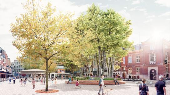 Op deze afbeelding wordt de nieuwe inrichting van de markt in Eindhoven weergegeven, klik voor een vergroting