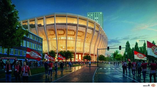 Deze afbeelding geeft een impressie van het Philips Stadion gezien vanuit de Mathildelaan, klik voor een vergroting