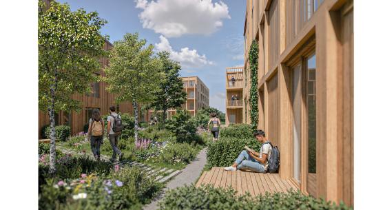 Impressie van groen tussen de woningen. (Foto: VenhoevenCS Architectuur + Stedenbouw), klik voor een vergroting
