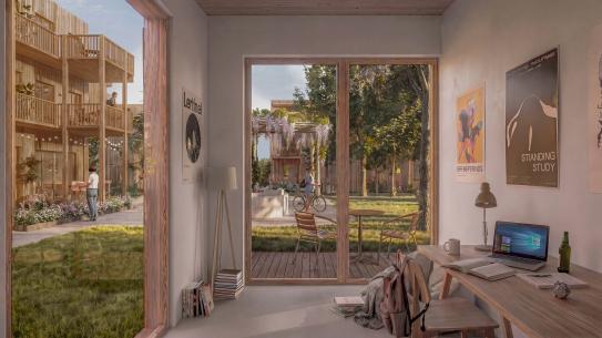 Impressie van een woning, met uitzicht naar buiten. (Foto: VenhoevenCS Architectuur + Stedenbouw), klik voor een vergroting