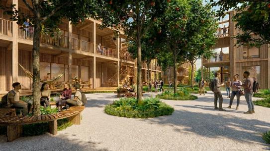 Impressie van de buitenruimte met bomen en bankjes. (Foto: VenhoevenCS Architectuur + Stedenbouw), klik voor een vergroting
