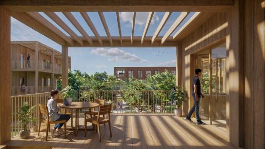 Impressie van een gedeeld terras. (Foto: VenhoevenCS Architectuur + Stedenbouw), klik voor een vergroting