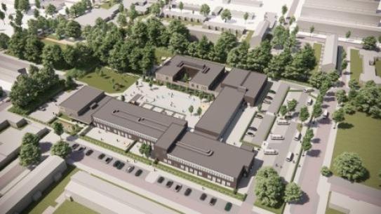 Op deze afbeelding zie je hoe het complex van de school eruit moet komen te zien, klik voor een vergroting