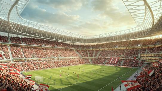 Op deze afbeelding is een impressie van de vernieuwde binnenkant van het Philips Stadion te zien, klik voor een vergroting