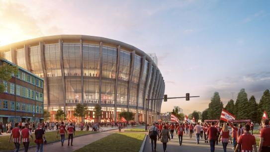 Op deze afbeelding is een impressie van de buitenkant van het Philips Stadion te zien, klik voor een vergroting