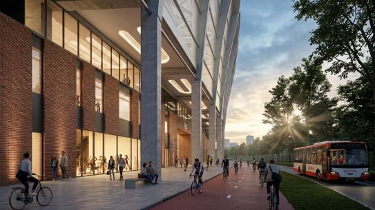 Op deze afbeelding is een impressie van de buitenkant van het Philips Stadion te zien, klik voor een vergroting