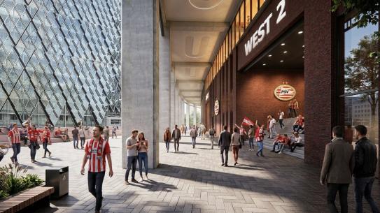 Op deze afbeelding is een impressie van de buitenkant (westzijde) van het Philips Stadion te zien, klik voor een vergroting