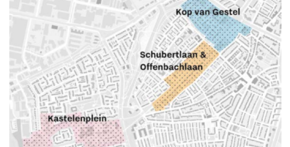 Het gebied Groots Gestel omvat het Kastelenplein, de Schubertlaan en Offenbachlaan en de Kop van Gestel
