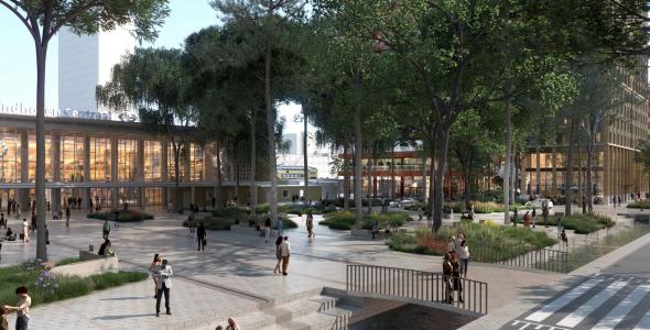 Artist impressie van nieuwe Stationsplein met bomen en water