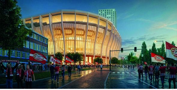 Deze afbeelding geeft een impressie van het Philips Stadion gezien vanuit de Mathildelaan. Onderaan de afbeelding staan de logo's van Sweco Architects en PSV weergegeven.