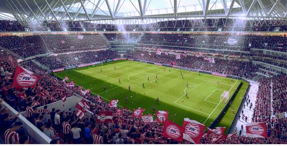 Deze afbeelding geeft een impressie van de binnenzijde van het vernieuwde Philips Stadion weer. Onderaan de afbeelding staan de logo's van Sweco Architects en PSV weergegeven.