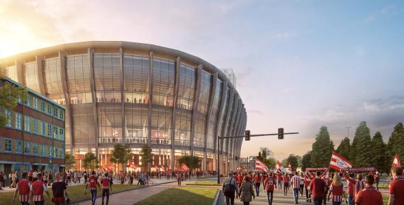 Op deze afbeelding is een impressie van de buitenkant van het Philips Stadion te zien.