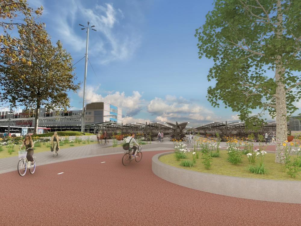 Deze afbeelding is een voorbeeld weergave van hoe de fietsenstalling en naastgelegen rotonde eruit komen te zien