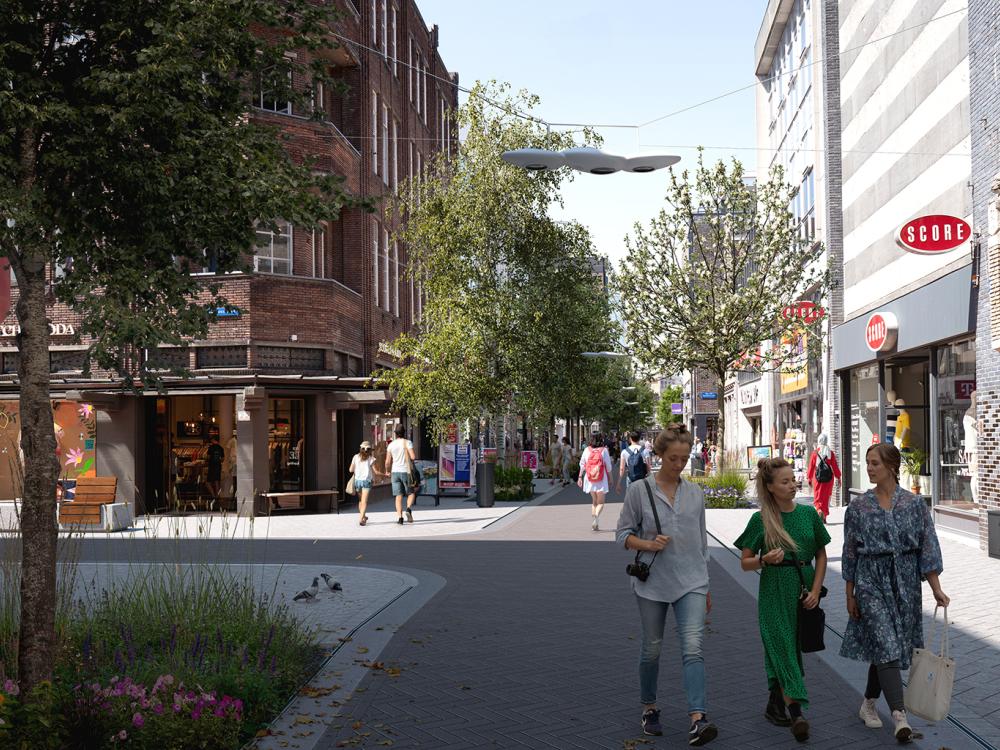 Deze afbeelding geeft een toekomstweergave van de Rechtsestraat weer
