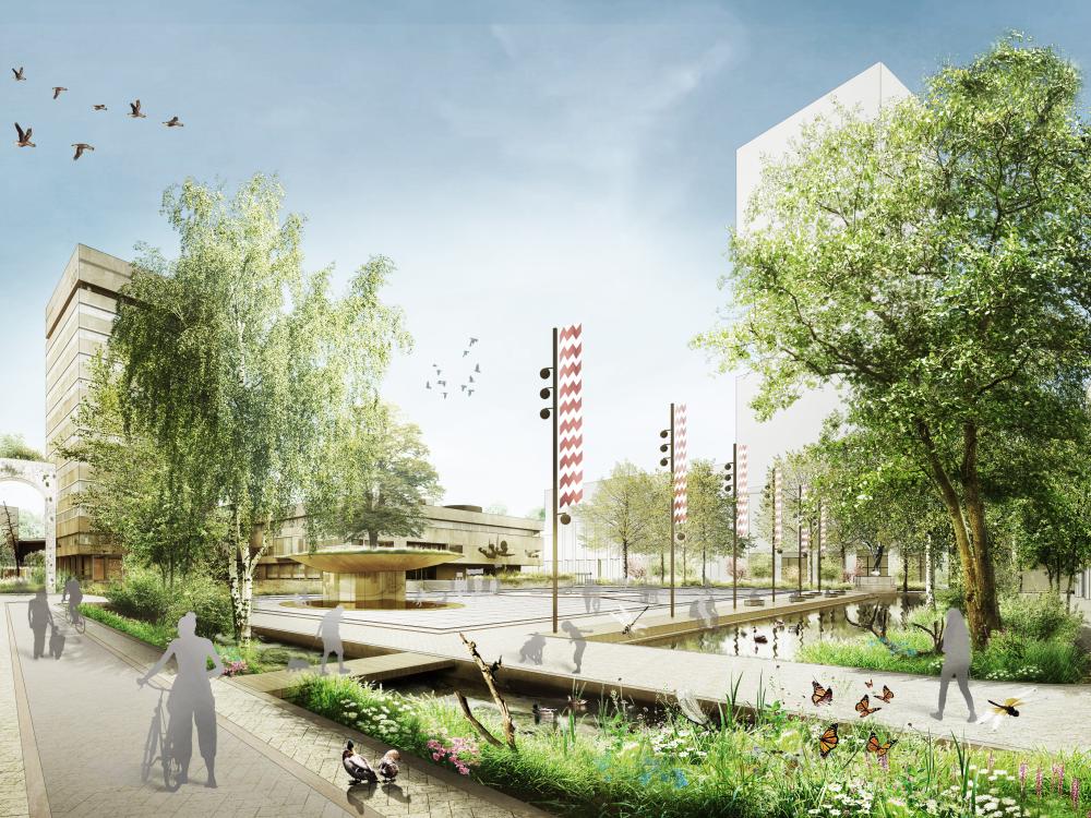 Deze afbeelding geeft een toekomstbeeld van het Stadhuisplein.
